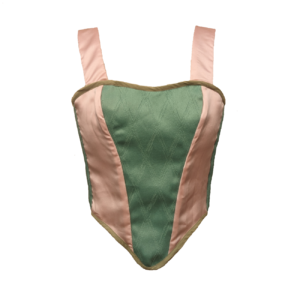 corset vert et rose en tissus de seconde main