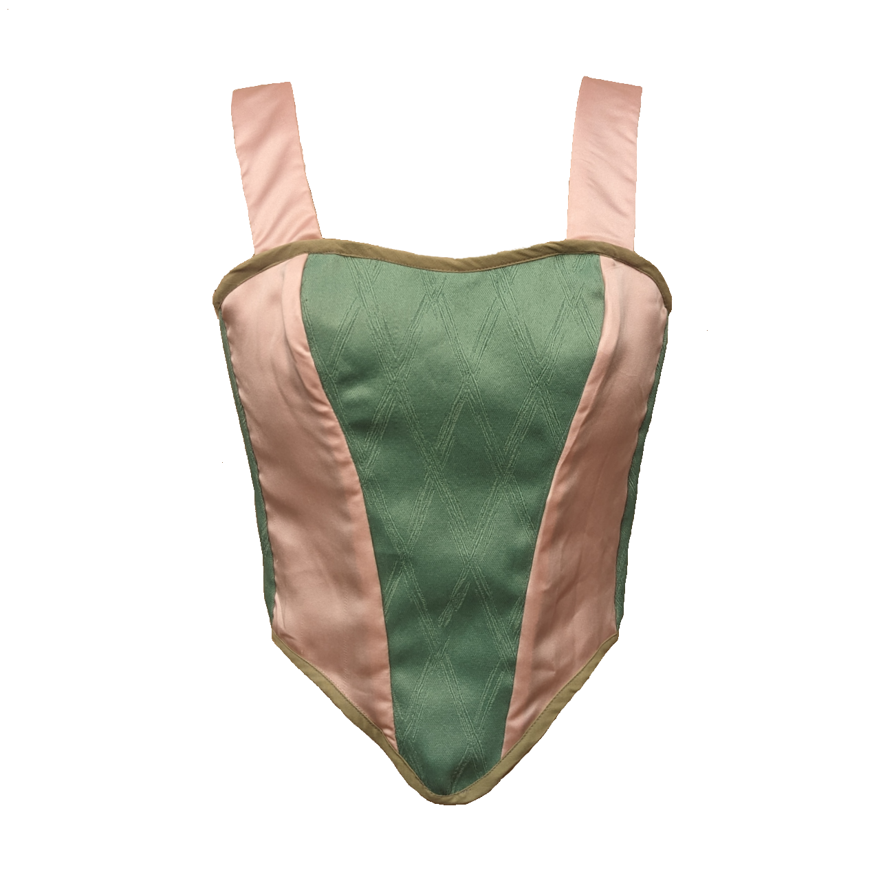 corset vert et rose en tissus de seconde main