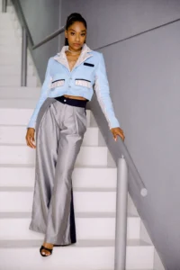 smoking femme élégant bleu et gris pièce luxe upcycling artisanal